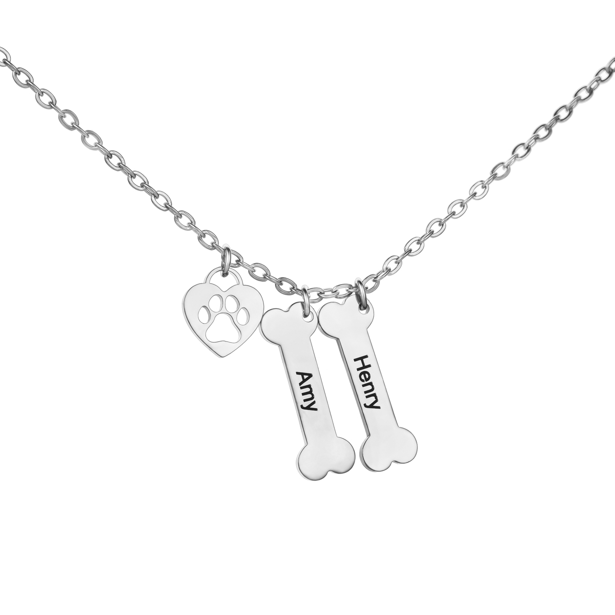 Customized Name Necklace in the Shape of Dog Bones, Hearts and Paw Prints