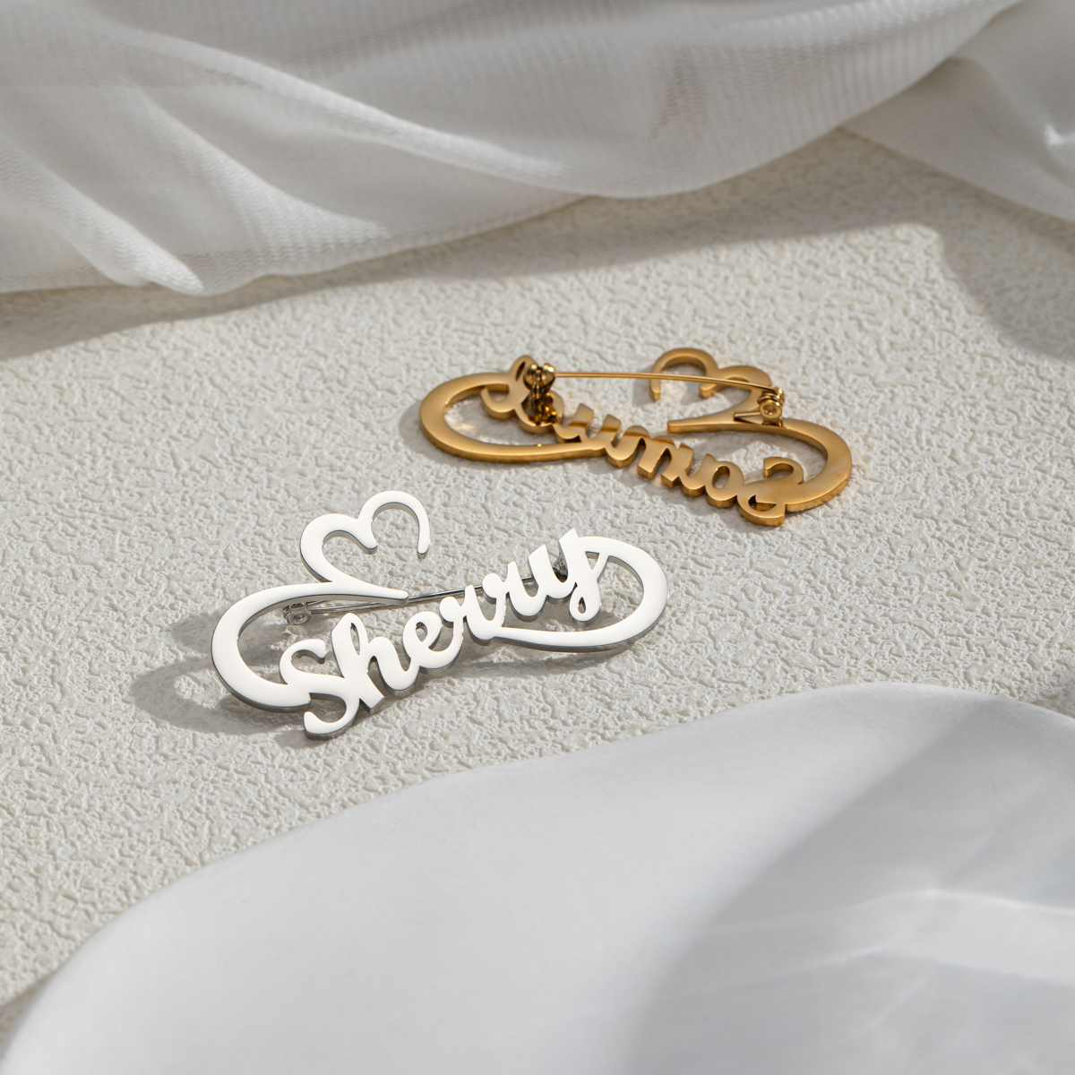 Custom Name Heart Ribbon Brooch