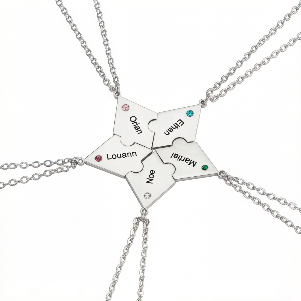 Customized Multiple Name Puzzles Necklace with Birthstone