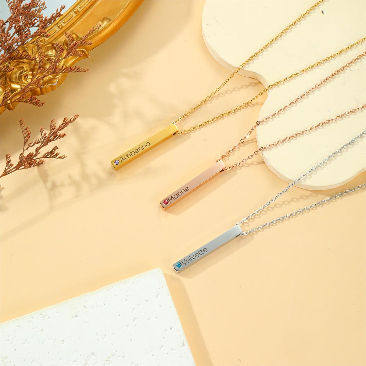 Custom Name and Birthstone Necklace with Rectangular Prism Pendant
