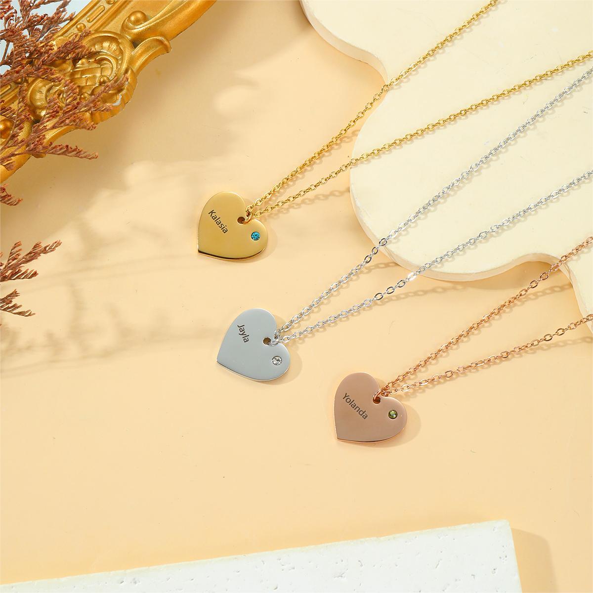 Custom Name and Birthstone Necklace with Heart-shaped