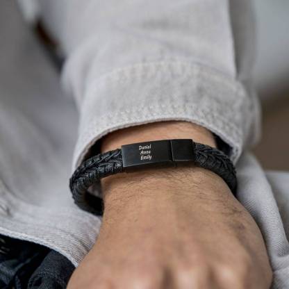 Men's Personalized Multiname Engraved Leather Cord Bracelet