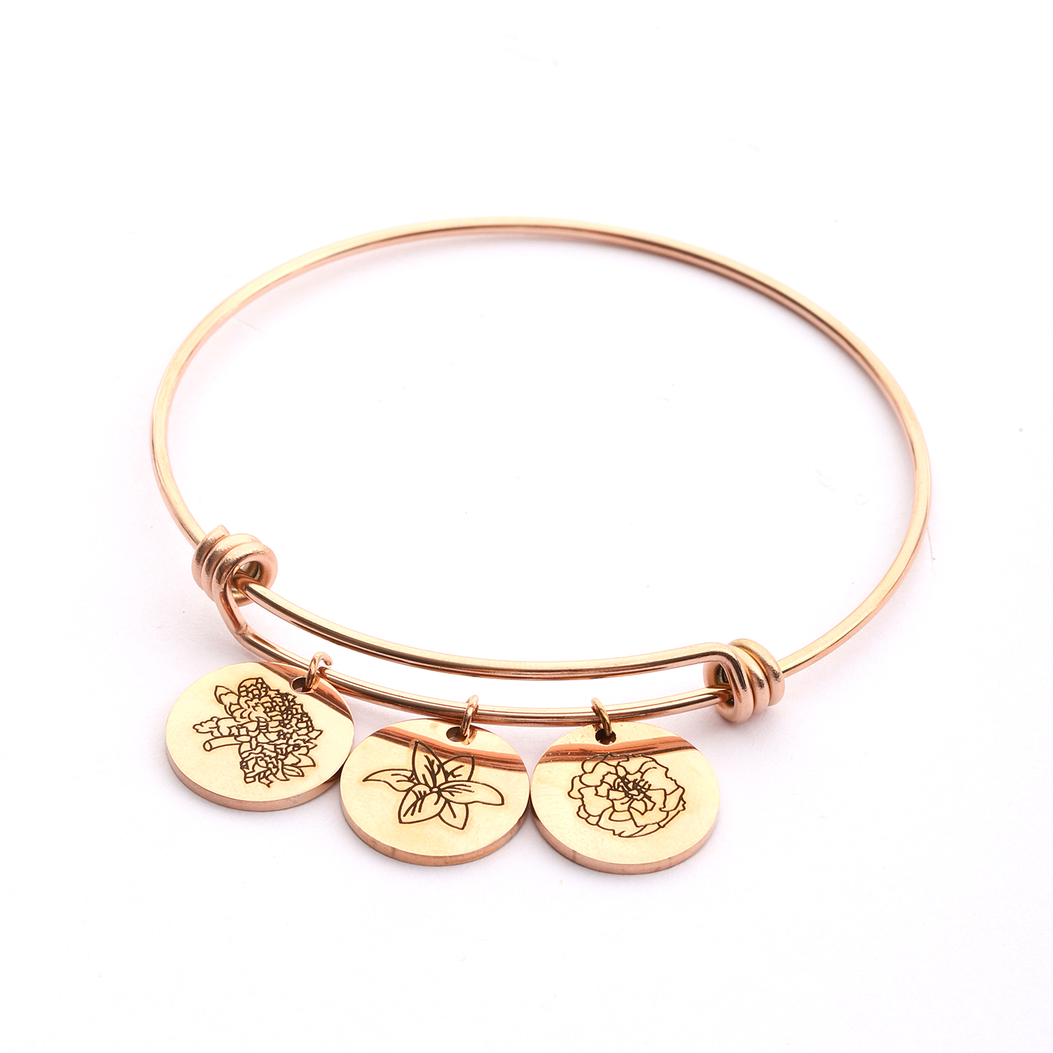 Custom Carved Birth Flower Bracelet of Disc Shape
