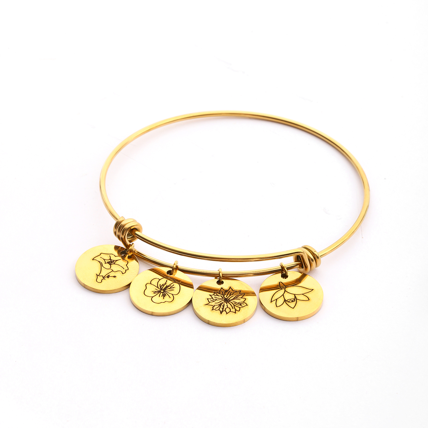  Custom Carved Birth Flower Bracelet of Disc Shape 
