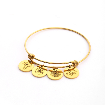  Custom Carved Birth Flower Bracelet of Disc Shape 