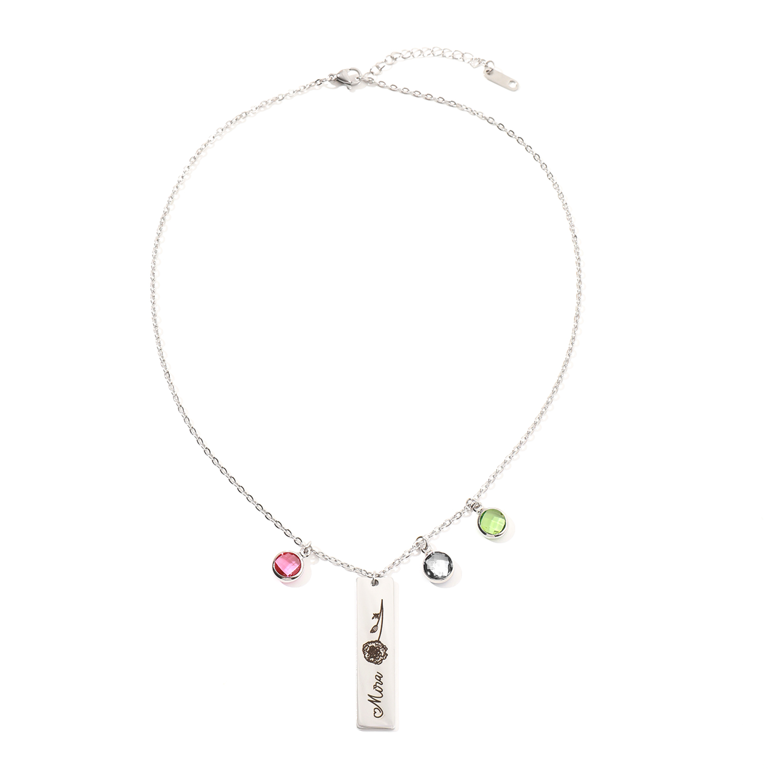 Custom Birthstone Necklace with Engraved Name and Birth Flower