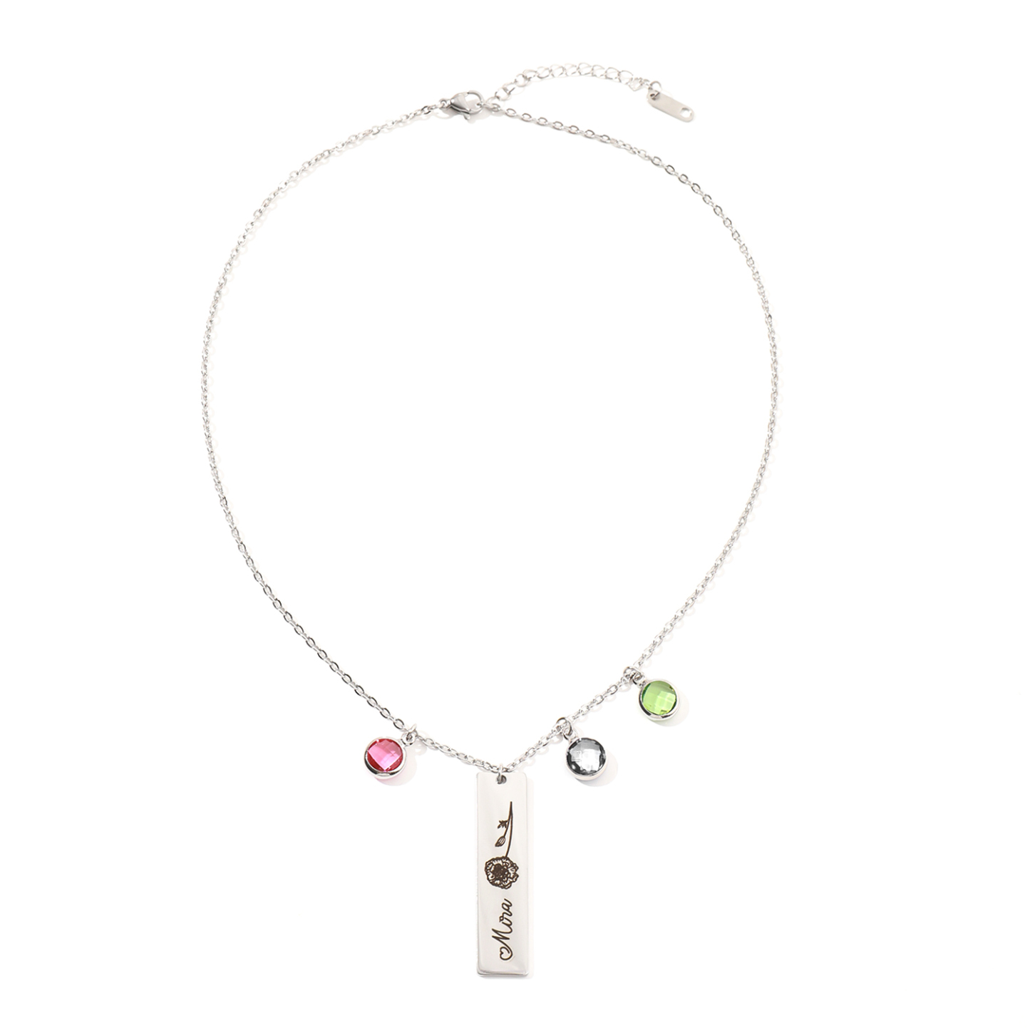 Custom Birthstone Necklace with Engraved Name and Birth Flower