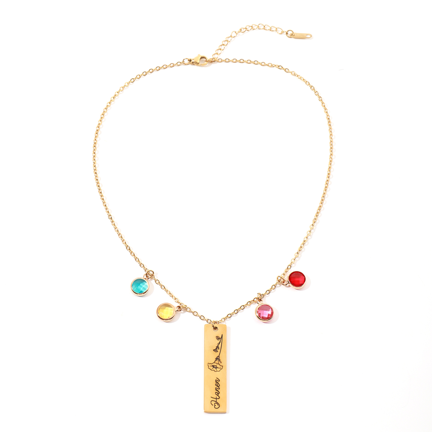 Custom Birthstone Necklace with Engraved Name and Birth Flower