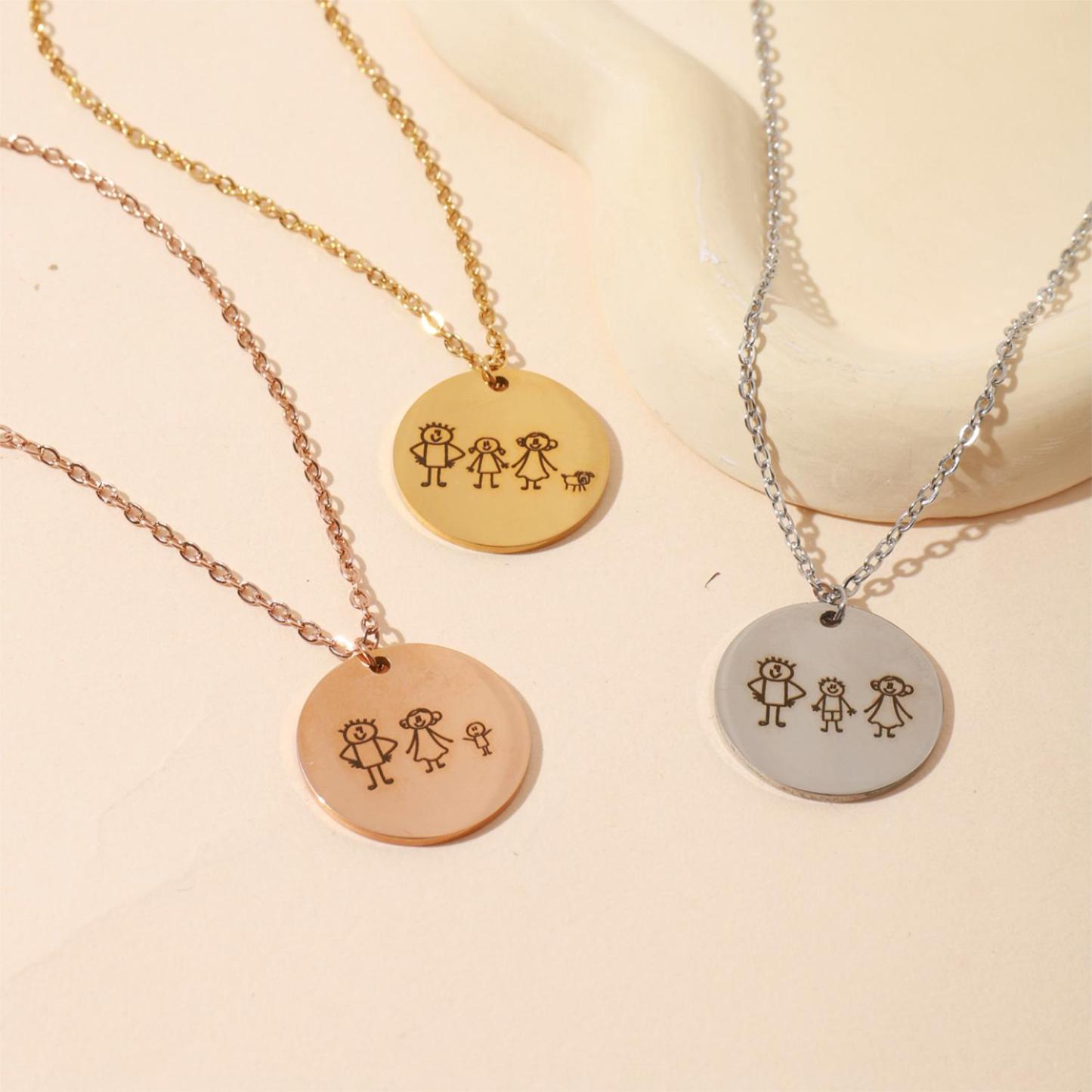 Custom Necklace with Simple Line Drawings of Family Members