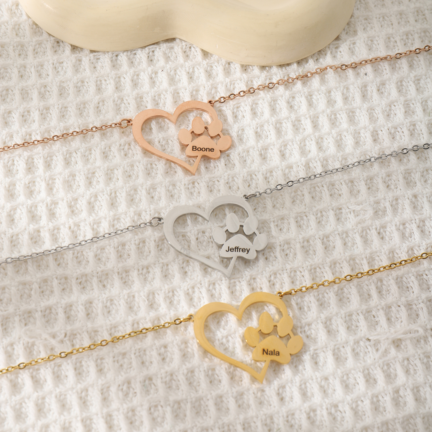 Custom Name with Love-shaped and Cat Paw Dog Paw Necklaces