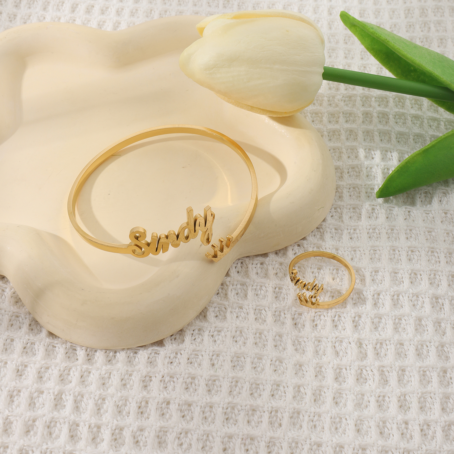 Custom Crown-shaped Name Bracelet and Rings Jewelry Set
