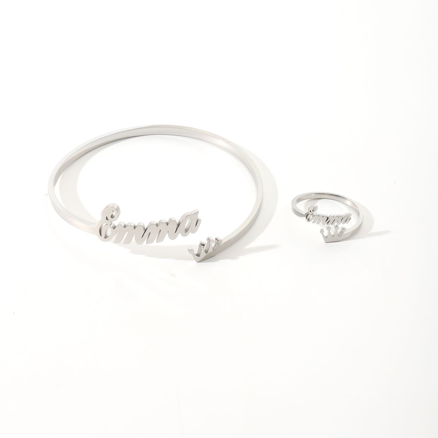 Custom Crown-shaped Name Bracelet and Rings Jewelry Set
