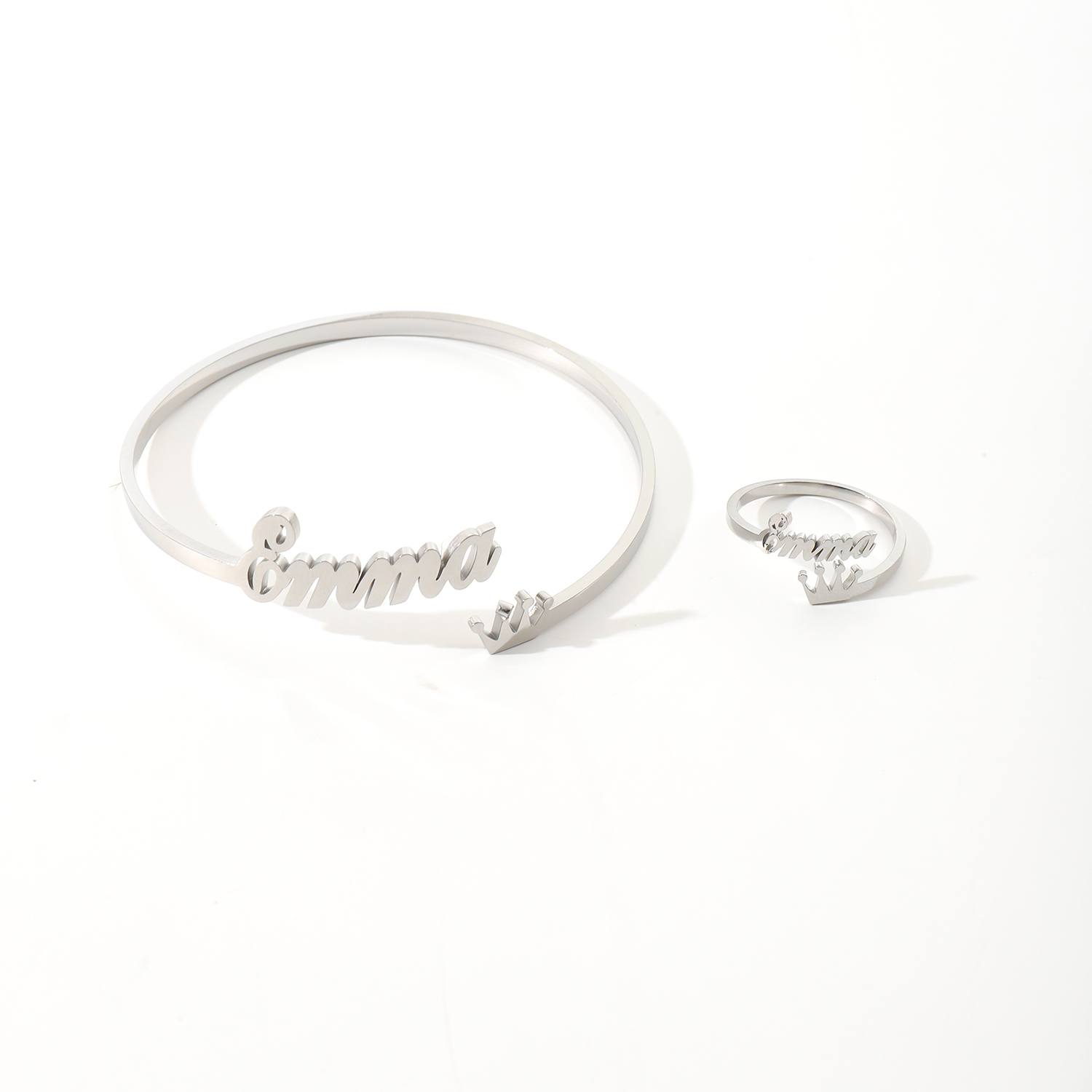 Custom Crown-shaped Name Bracelet and Rings Jewelry Set