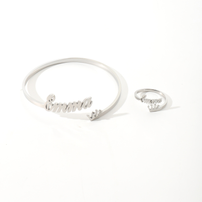 Custom Crown-shaped Name Bracelet and Rings Jewelry Set