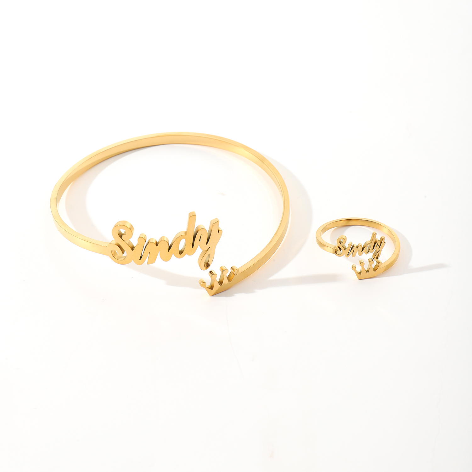 Custom Crown-shaped Name Bracelet and Rings Jewelry Set