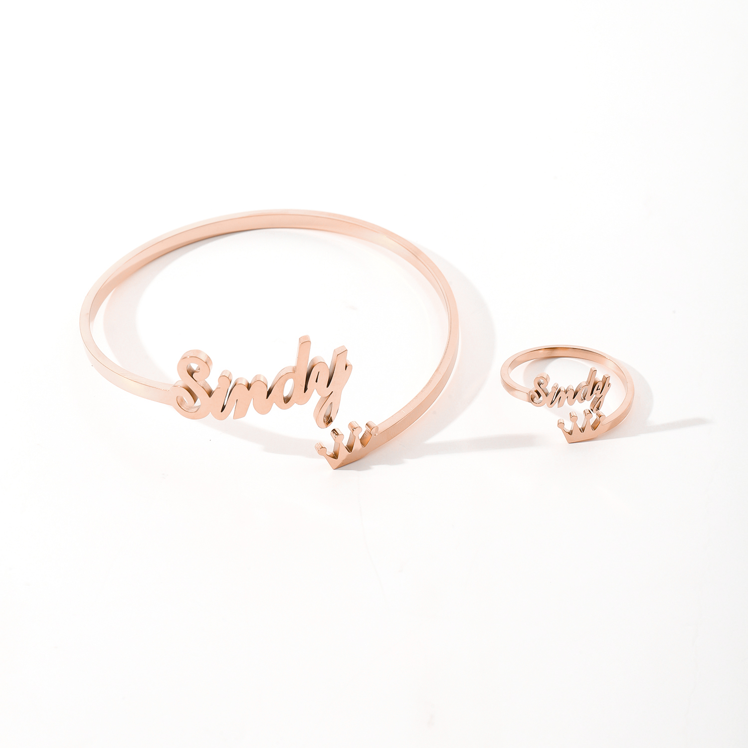 Custom Crown-shaped Name Bracelet and Rings Jewelry Set
