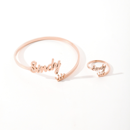 Custom Crown-shaped Name Bracelet and Rings Jewelry Set