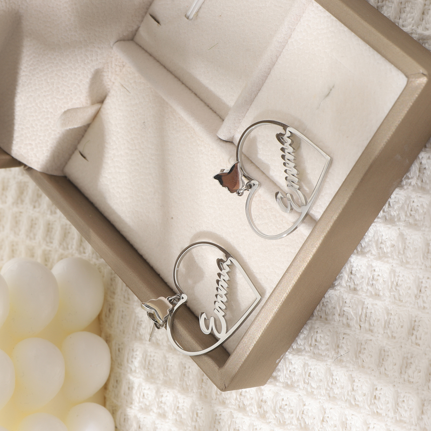 Custom Heart-Shaped Earrings with Names and Decorated by Butterflies