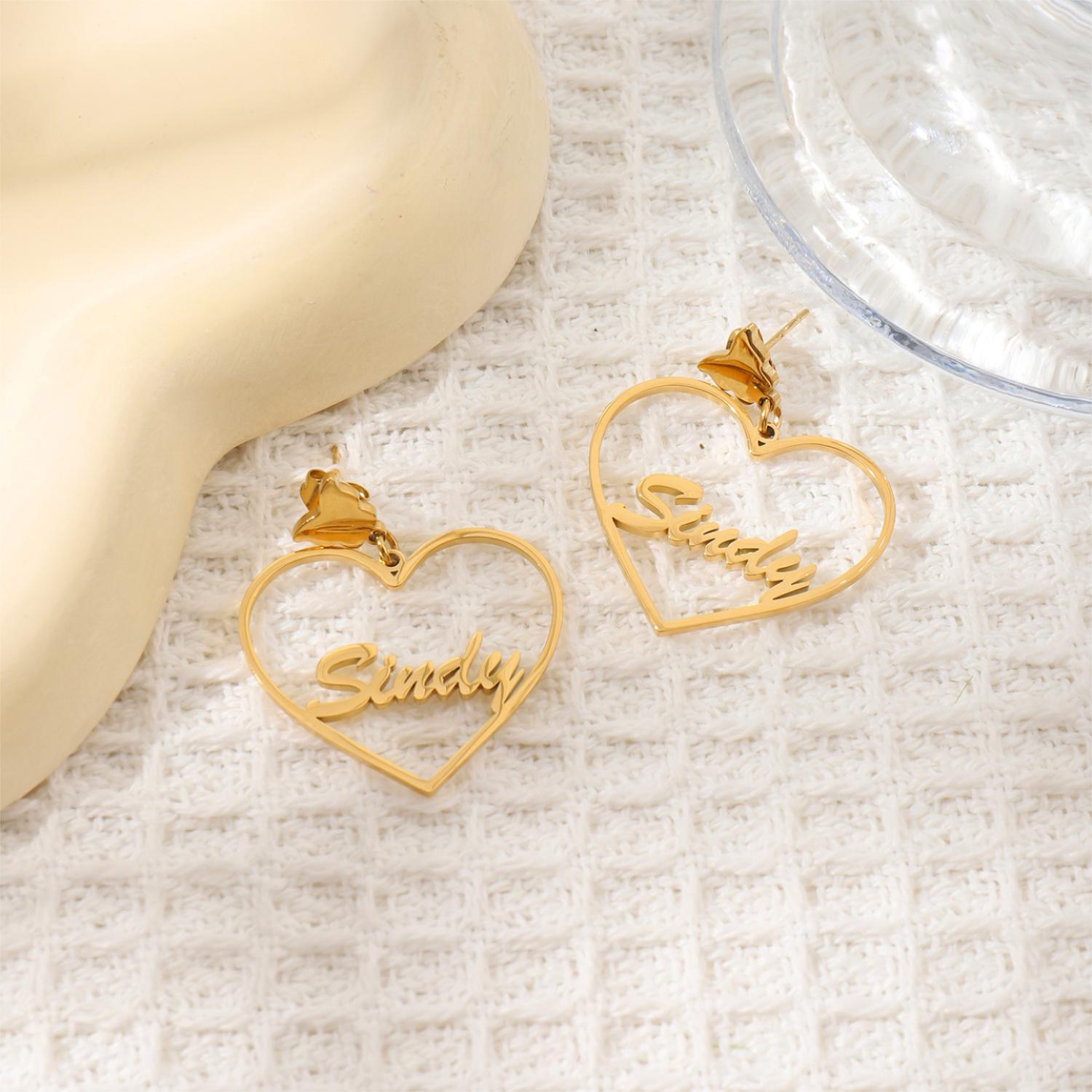 Custom Heart-Shaped Earrings with Names and Decorated by Butterflies
