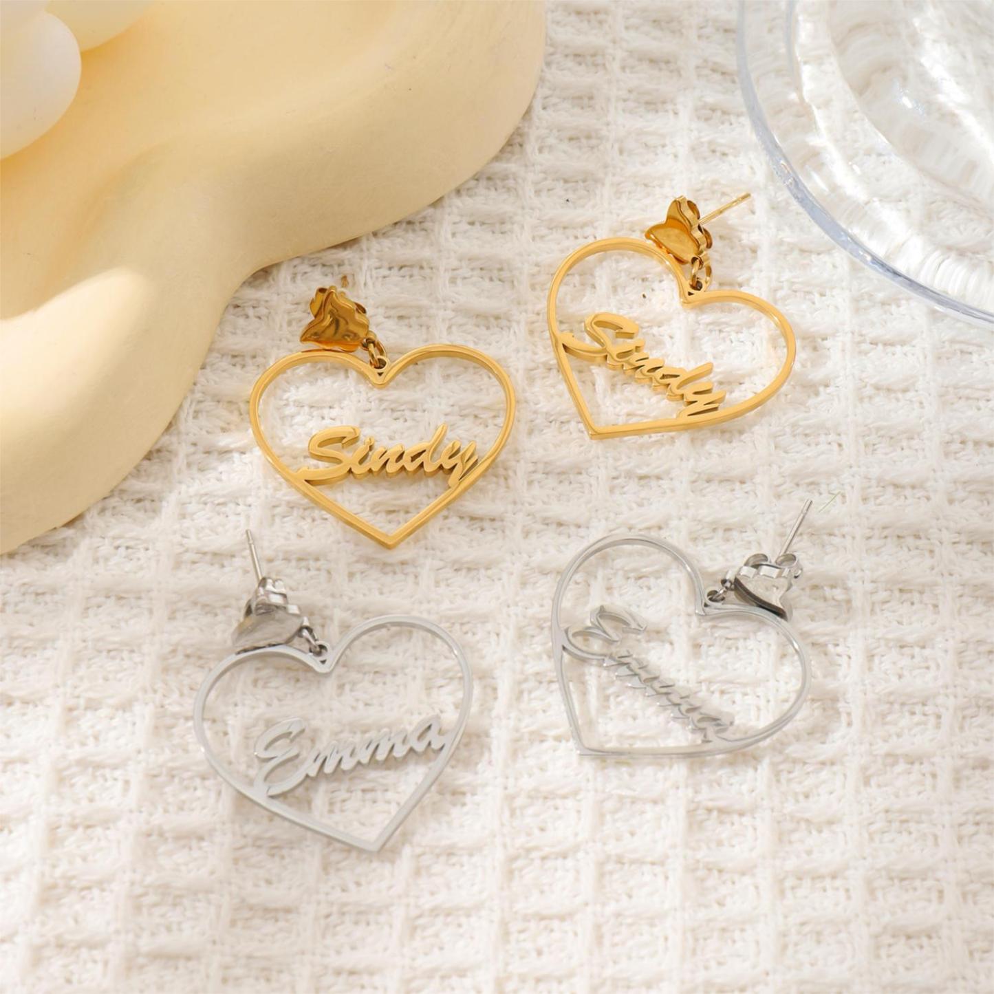 Custom Heart-Shaped Earrings with Names and Decorated by Butterflies