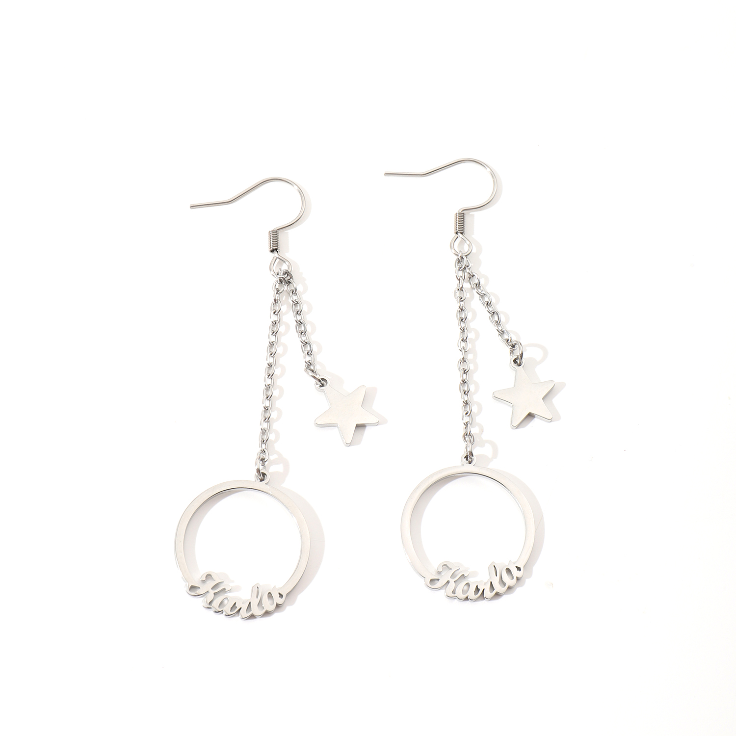 Custom Name Hoop Earrings with Designed Star Pendant