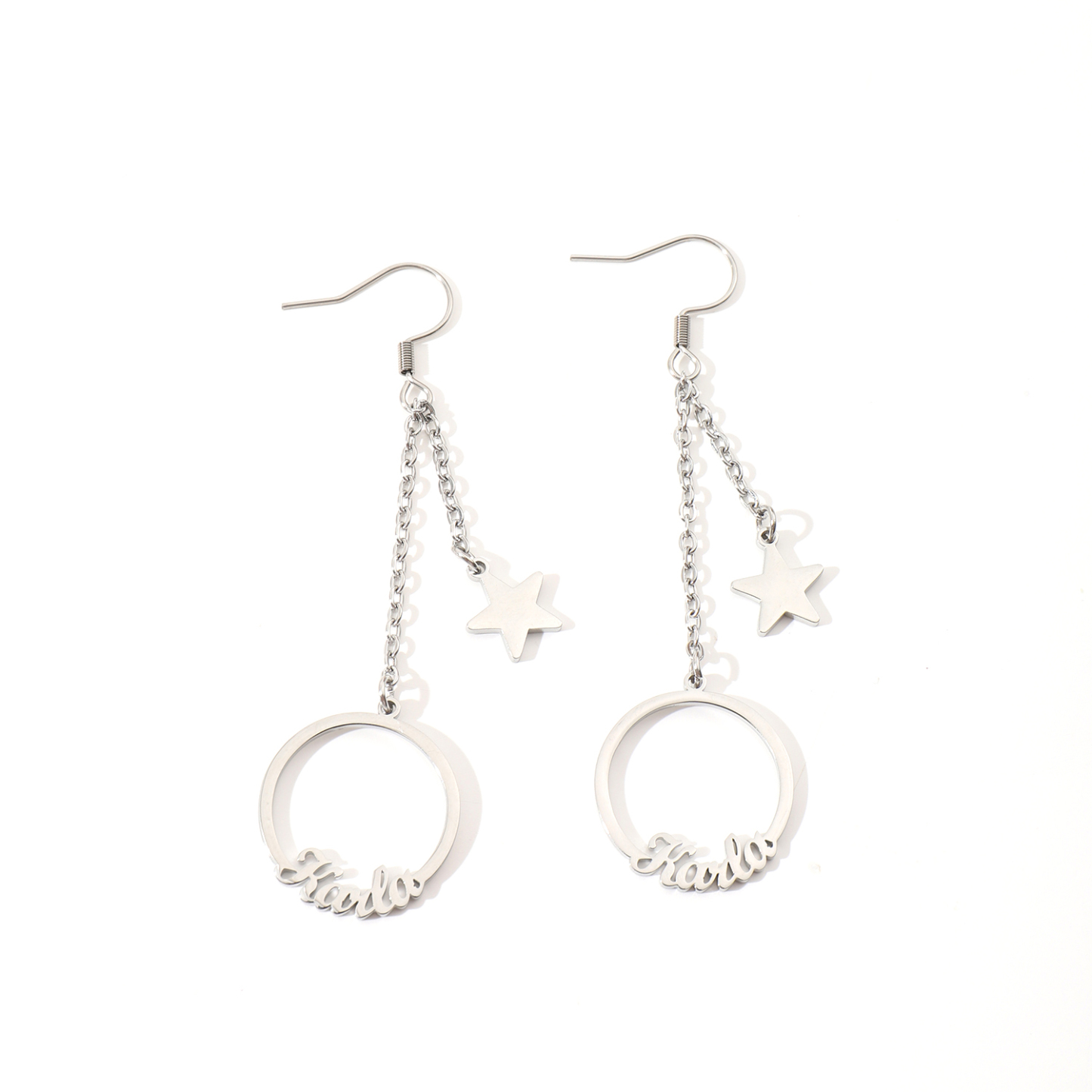 Custom Name Hoop Earrings with Designed Star Pendant