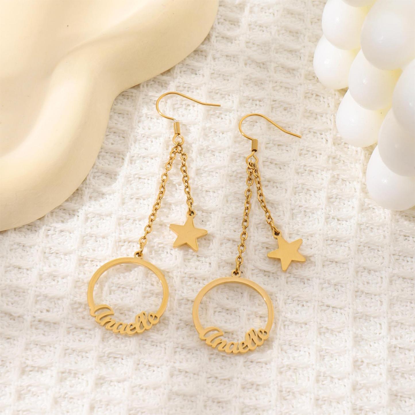 Custom Name Hoop Earrings with Designed Star Pendant