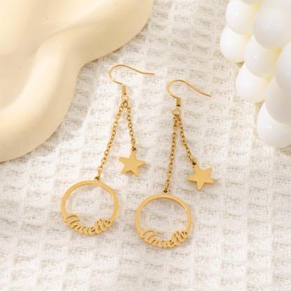 Custom Name Hoop Earrings with Designed Star Pendant