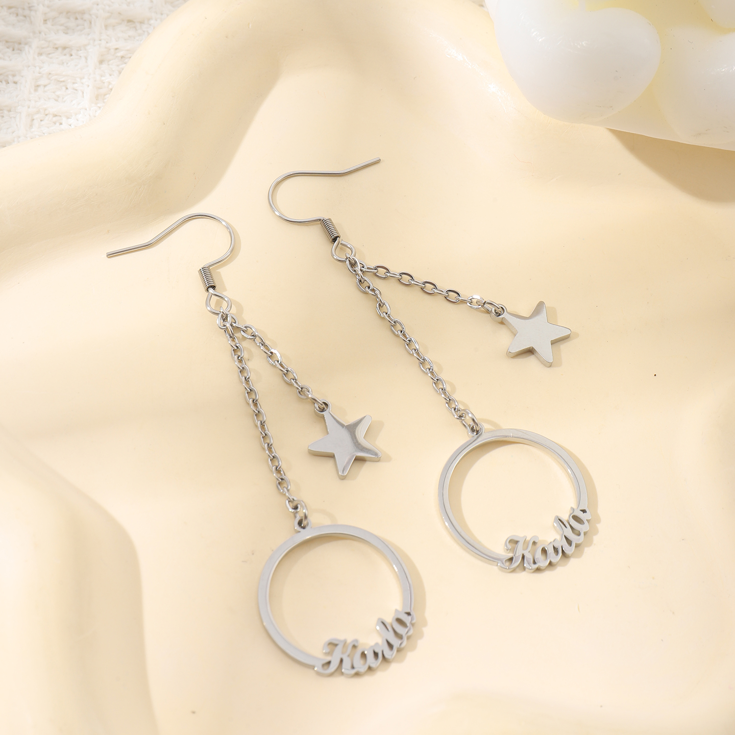 Custom Name Hoop Earrings with Designed Star Pendant