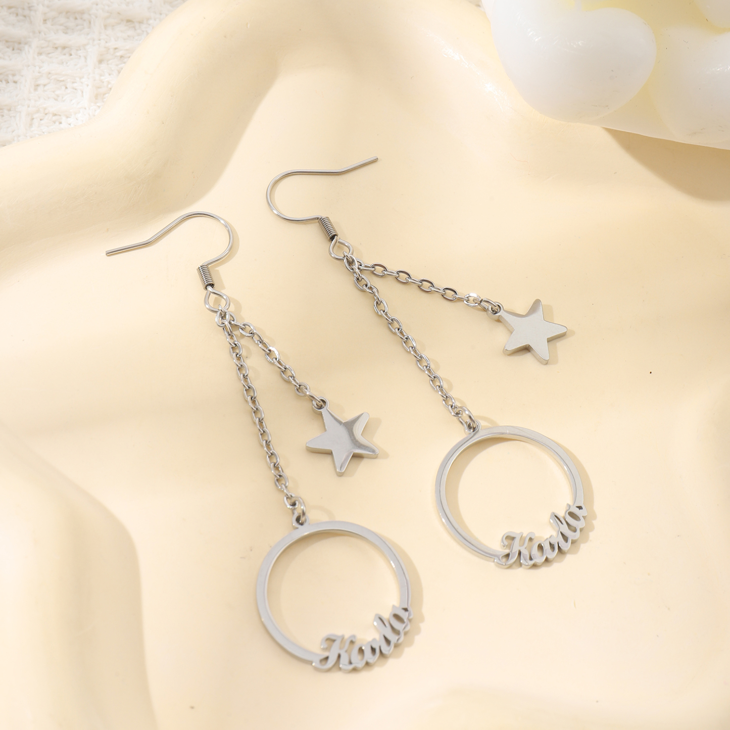 Custom Name Hoop Earrings with Designed Star Pendant