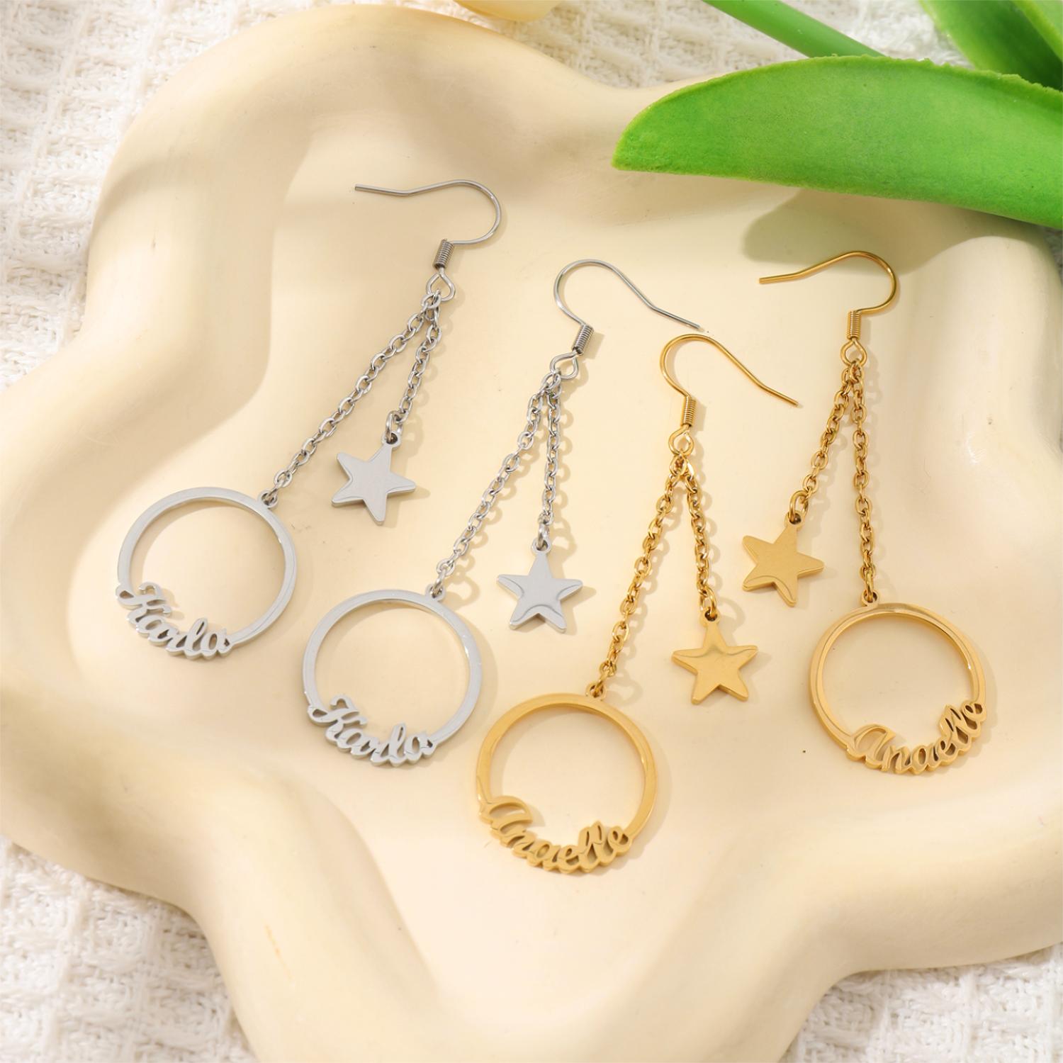 Custom Name Hoop Earrings with Designed Star Pendant