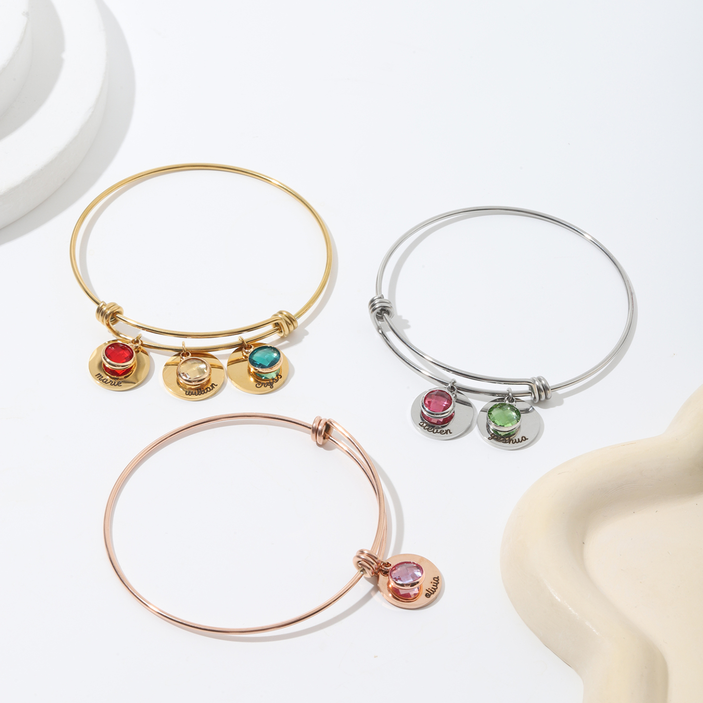 Custom Name and Birthstone Bracelets  of Original Disk-shaped Design