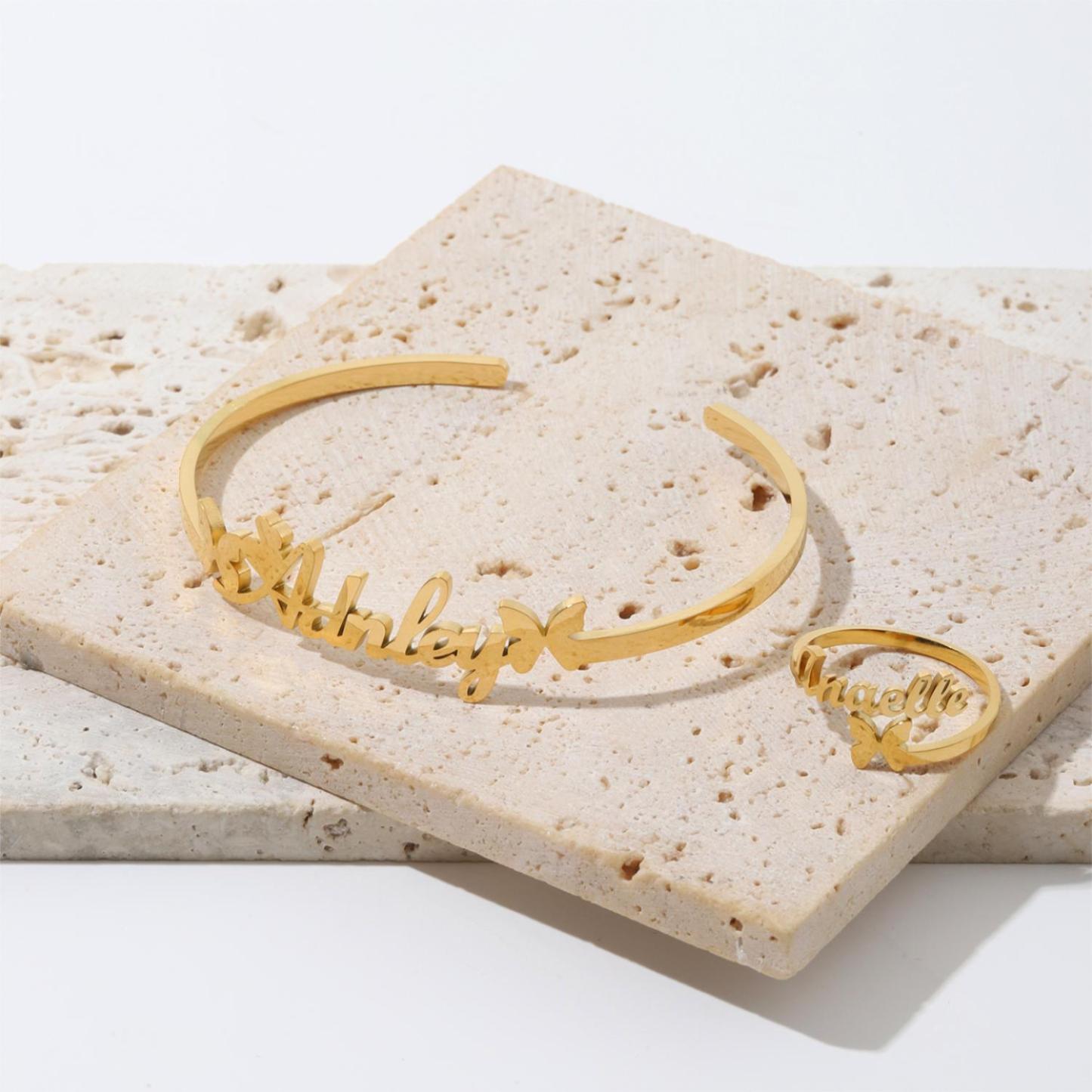 Custom Butterfly-shaped Name Bracelet and Ring Jewelry Set
