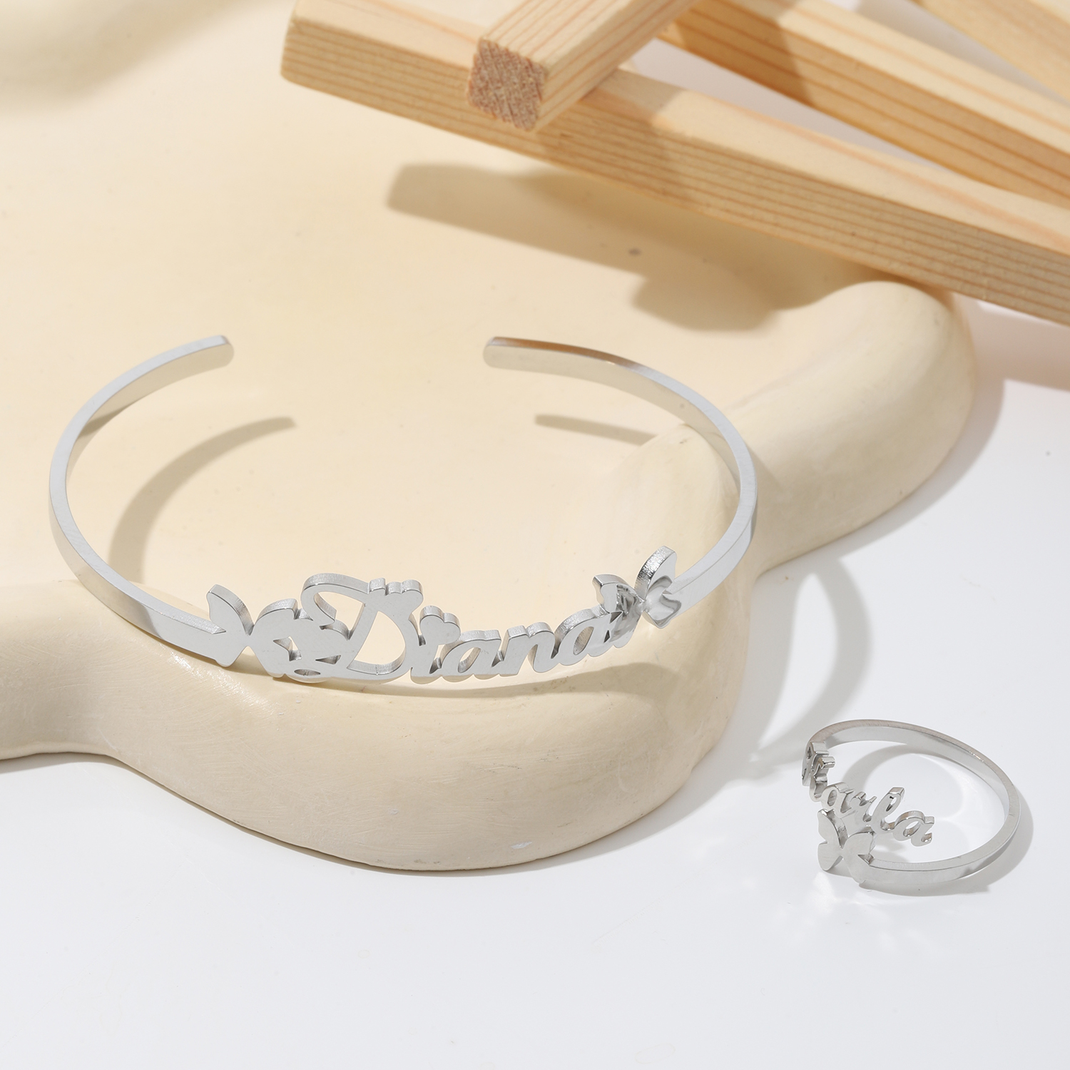Custom Butterfly-shaped Name Bracelet and Ring Jewelry Set