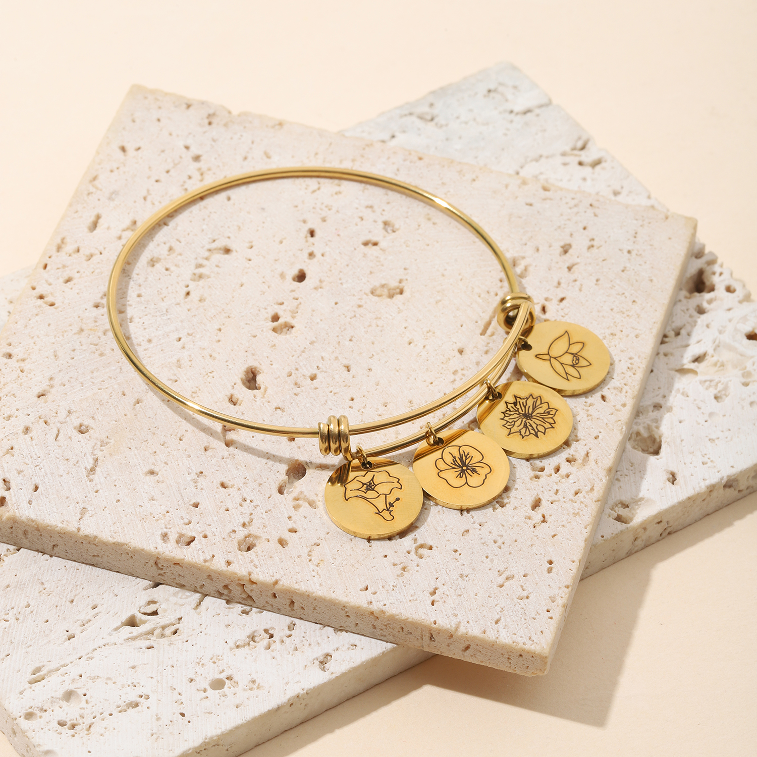  Custom Carved Birth Flower Bracelet of Disc Shape 