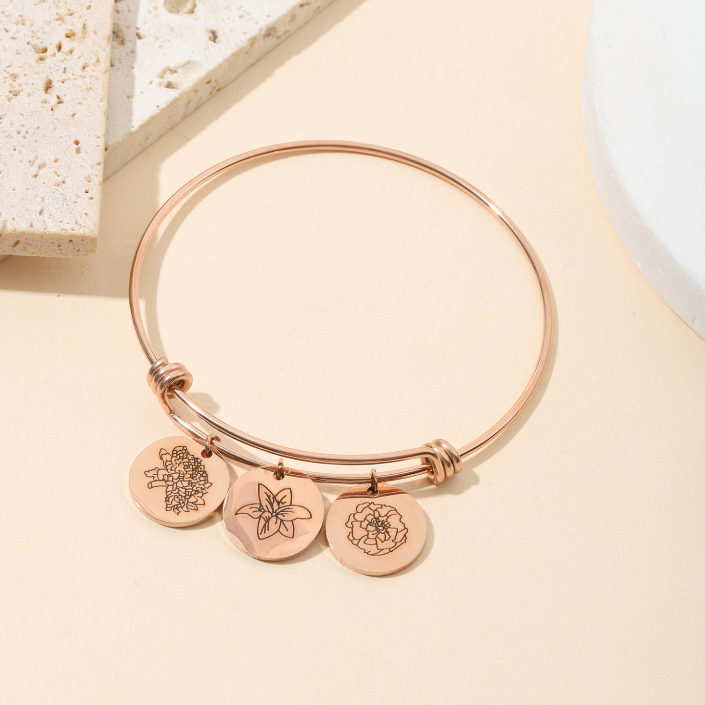  Custom Carved Birth Flower Bracelet of Disc Shape 