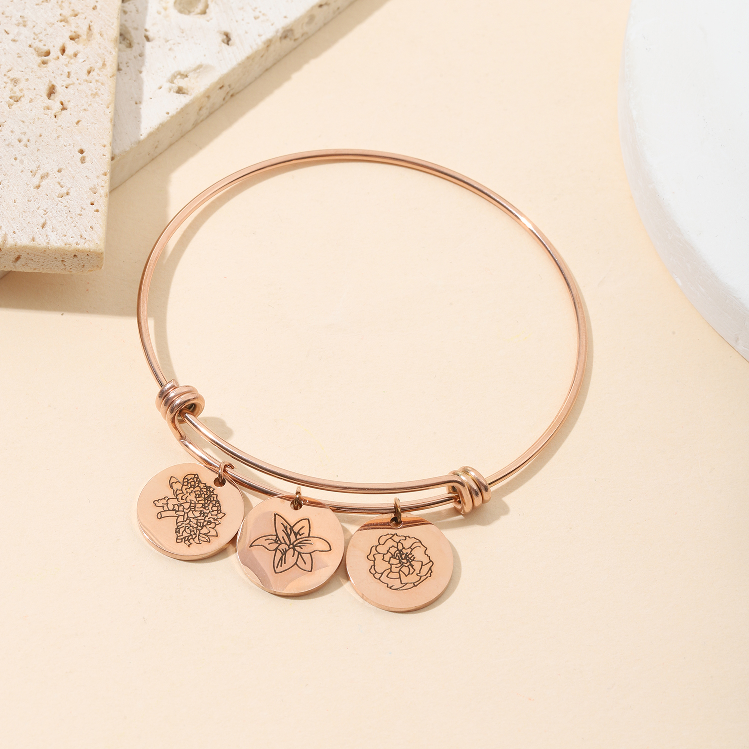  Custom Carved Birth Flower Bracelet of Disc Shape 