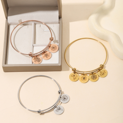  Custom Carved Birth Flower Bracelet of Disc Shape 