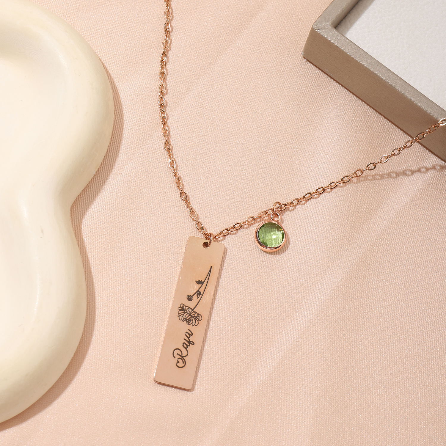 Custom Birthstone Necklace with Engraved Name and Birth Flower