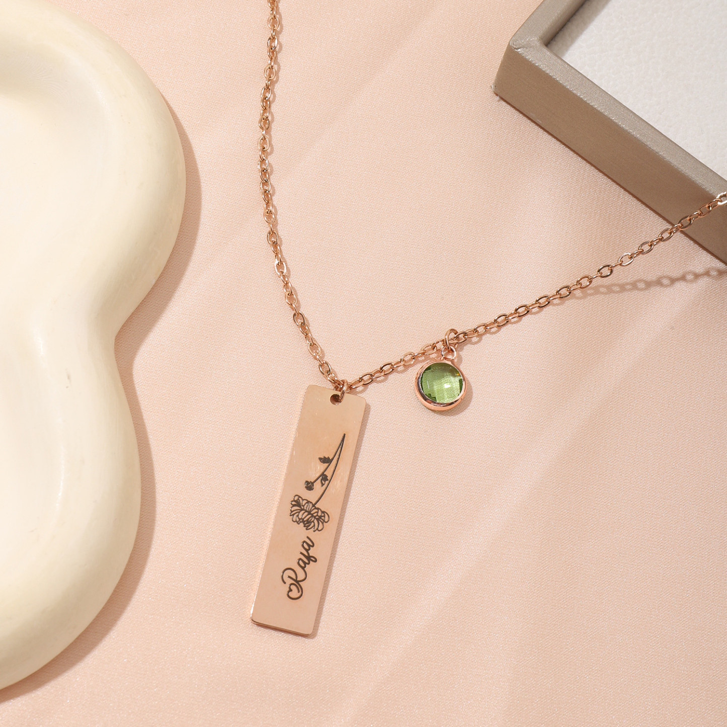 Custom Birthstone Necklace with Engraved Name and Birth Flower