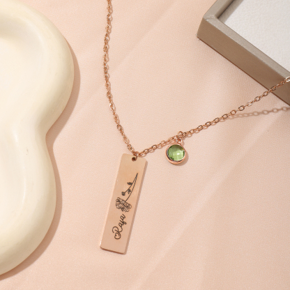 Custom Birthstone Necklace with Engraved Name and Birth Flower