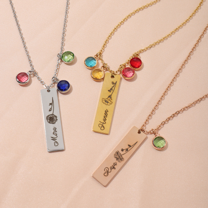 Custom Birthstone Necklace with Engraved Name and Birth Flower