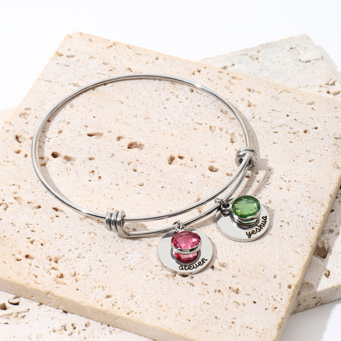 Custom Name and Birthstone Bracelets  of Original Disk-shaped Design