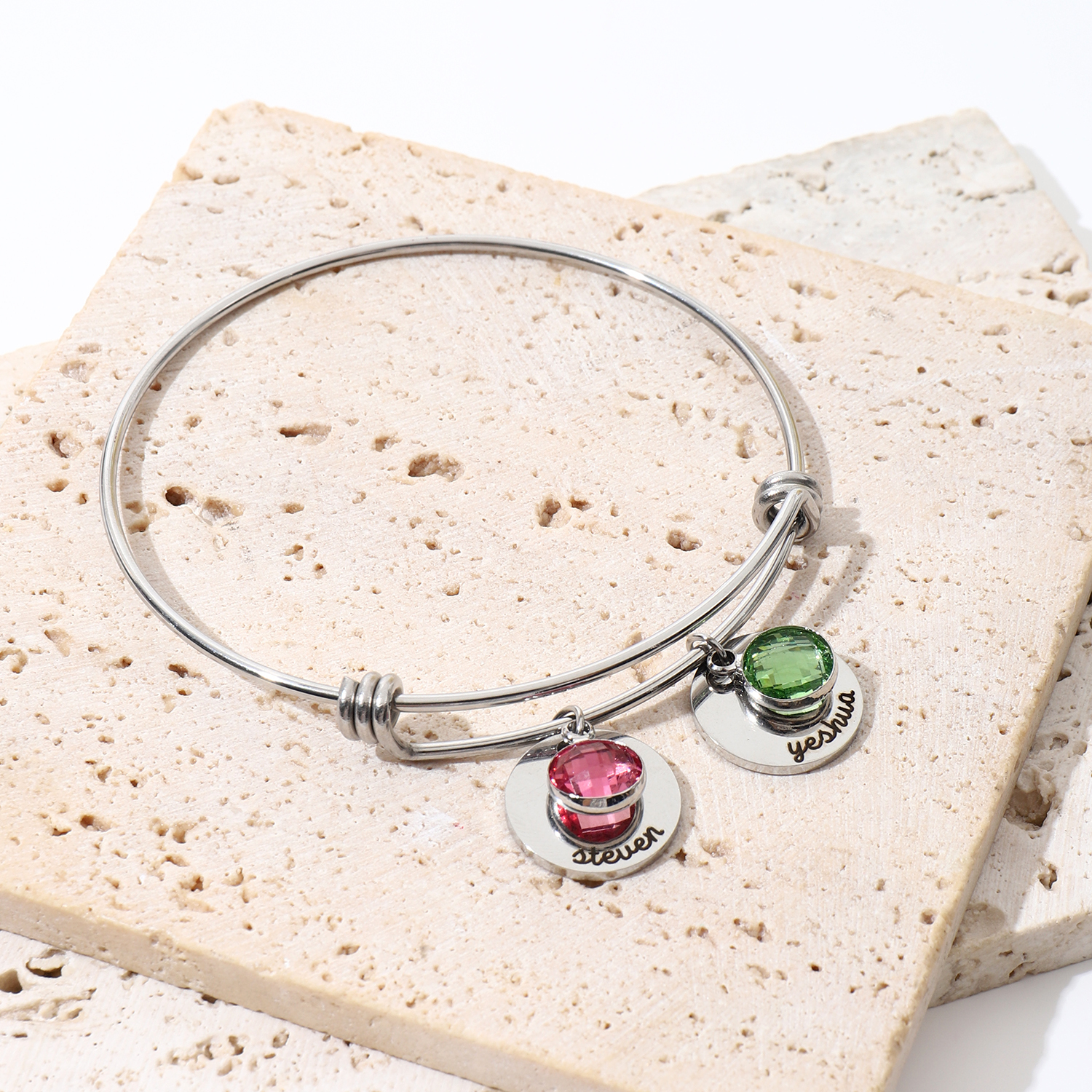 Custom Name and Birthstone Bracelets  of Original Disk-shaped Design