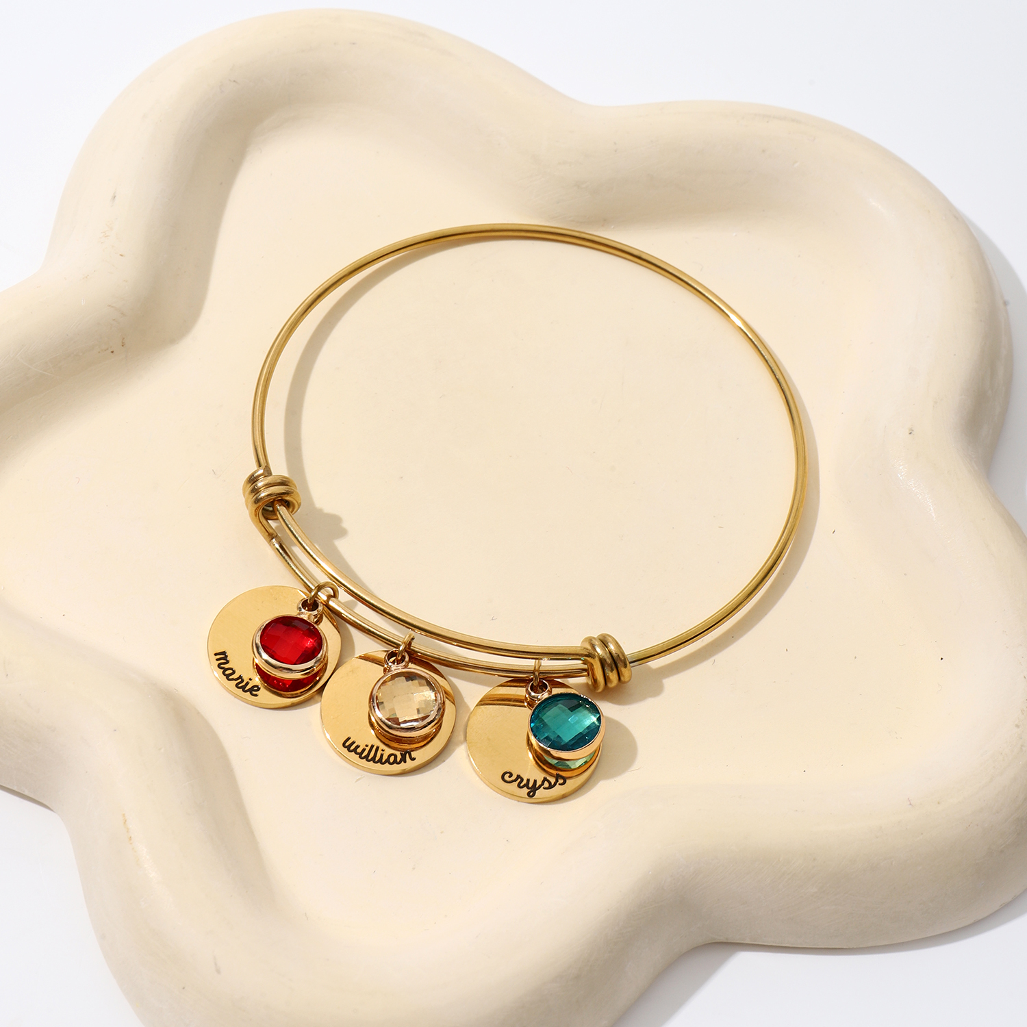 Custom Name and Birthstone Bracelets  of Original Disk-shaped Design