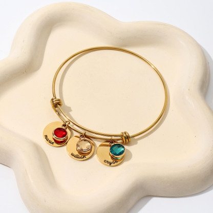 Custom Name and Birthstone Bracelets  of Original Disk-shaped Design