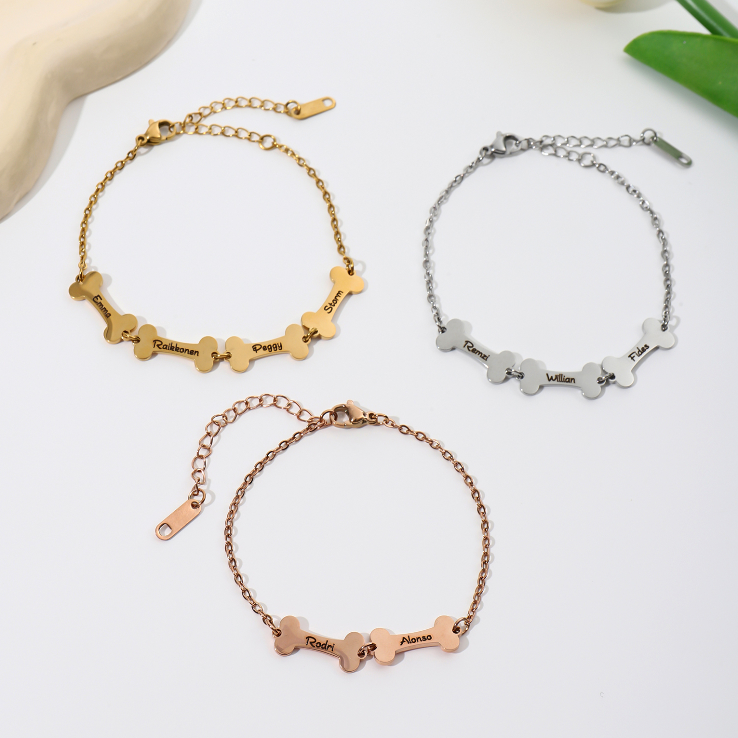 Custom Bracelet with Multiple Names on Dog Bone-shaped Pendants