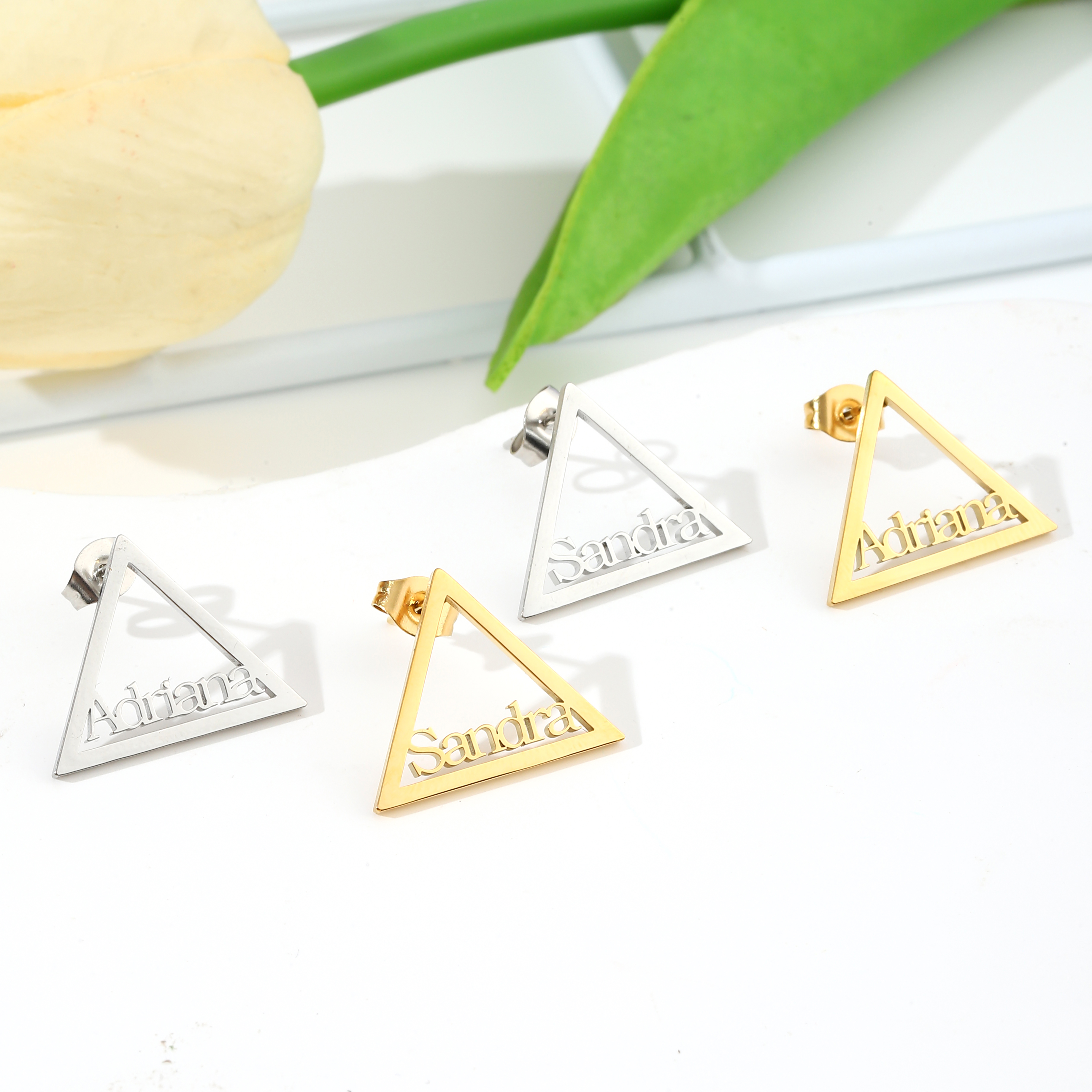 Small Triangle-Shaped Earrings Customized with Names