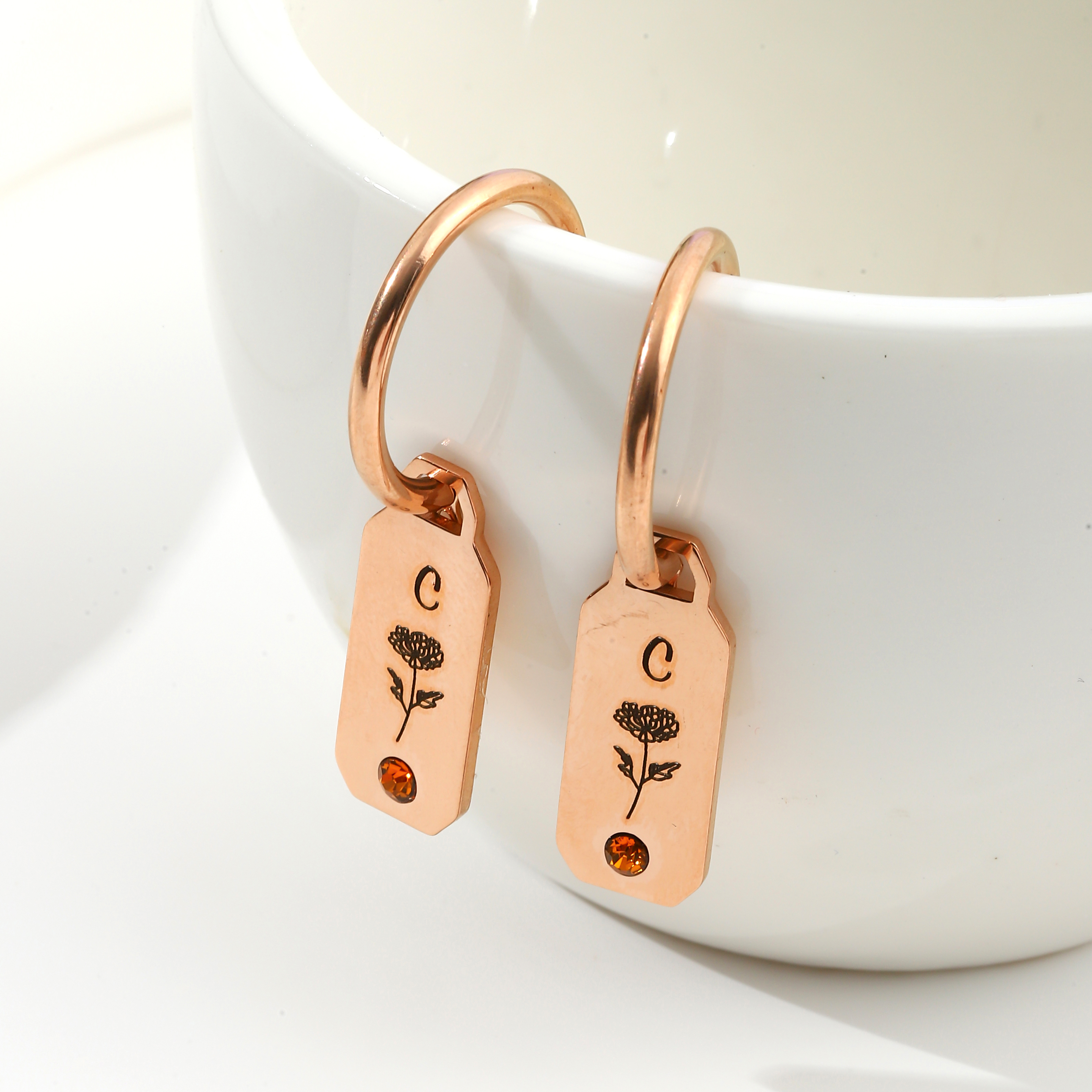 Custom Birth Flower Earrings with Rhinestone