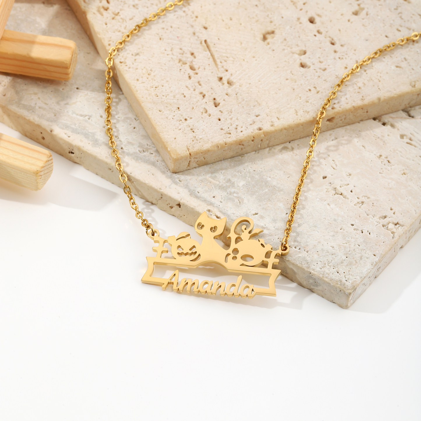 Custom Name Necklace with Cute Halloween Animals and Pumpkin Patterns